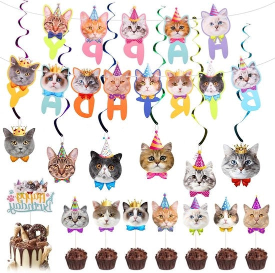Decorazione di Compleanno per Gatti - Set 17 pezzi con Bandiera "Felice Compleanno" e Decorazione per Cupcake