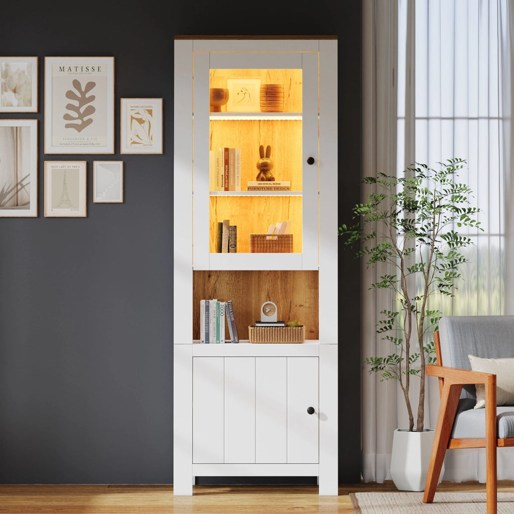 Vetrina alta con 2 ante, 6 ripiani e LED, per soggiorno, in pannello truciolare e vetro, bianco, 70 × 40 × 188 cm