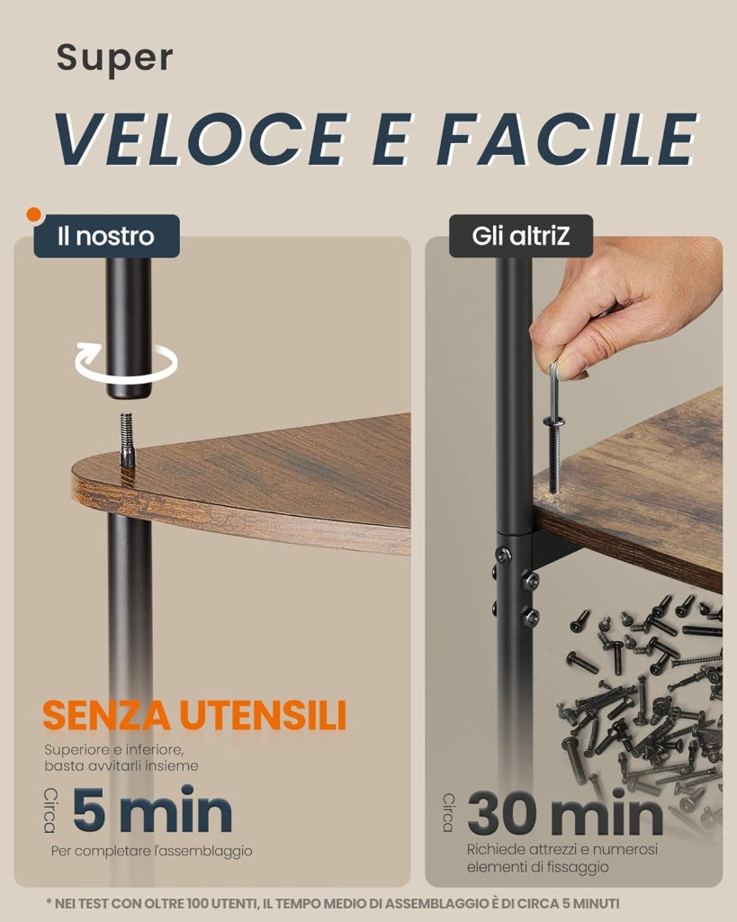 SONGMICS HOME Montaggio Super Veloce Senza Attrezzi, Scaffale Angolare a 5 Ripiani, Scaffale Autoportante, 38,3 x 27 x 139 cm, per Soggiorno, Camera da Letto, Cucina, Marrone Vintage LBC610K01