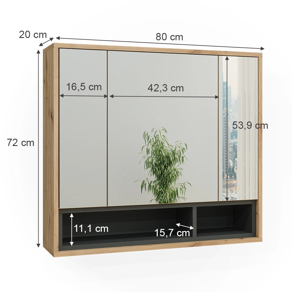 Vicco Specchio contenitore bagno Rovere artigianale/antracite 80 x 72 cm