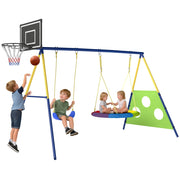 Set Altalena da Giardino 4 in 1 per Bambini 3-8 Anni con 2 Altalene, Canestro e Porta da Calcio