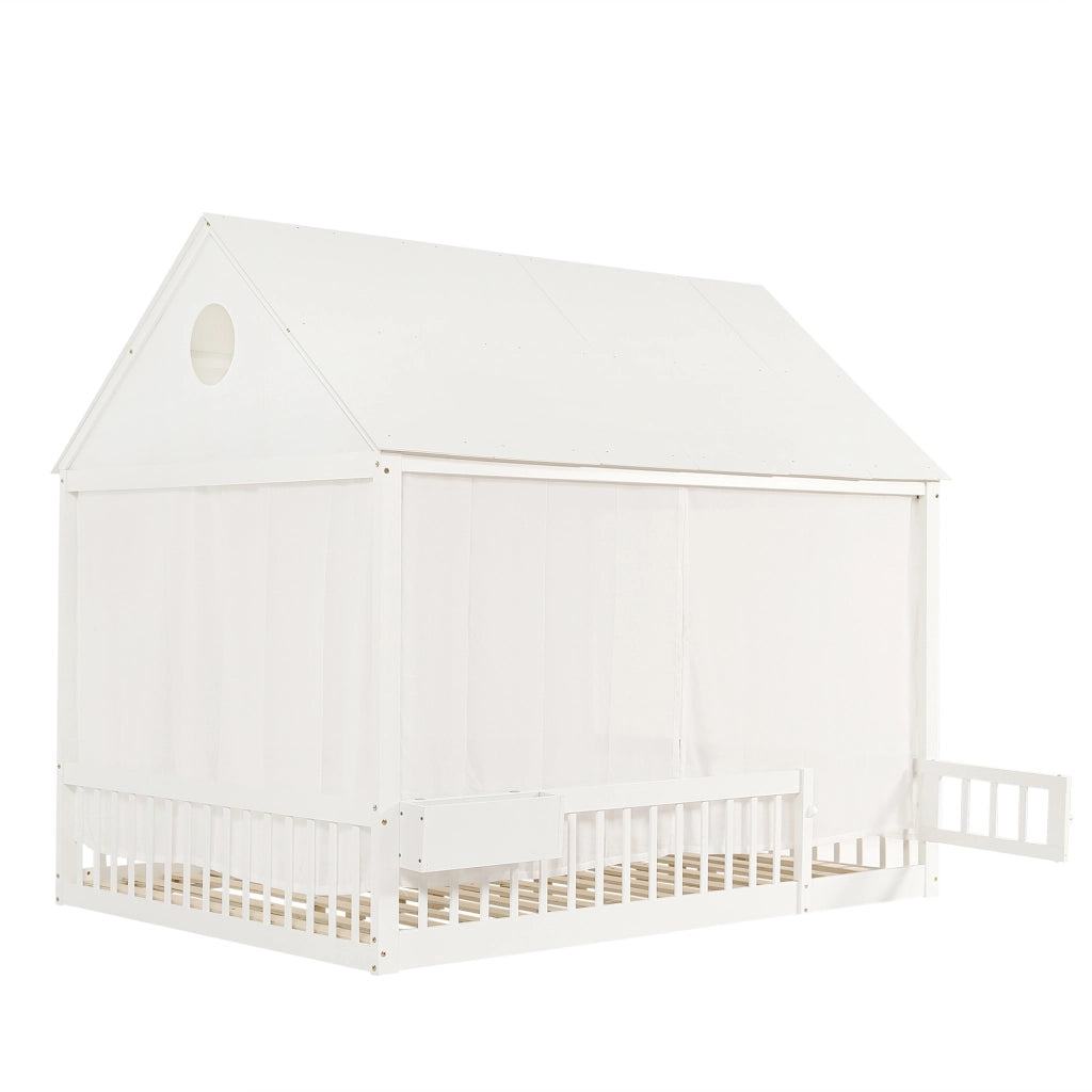 Letto Casetta 140x200 cm; Letto Singolo - Vano Contenitore e Tende - Legno - Bianco