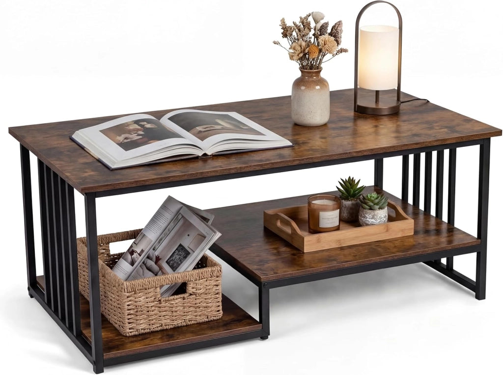 Tavolino Salotto Rettangolare, Tavolino da Salotto a 2 Livelli con Ripiano e Mensola Aperta, Gambe in Metallo Solido, Mobile Complementare per Salotto, Casa, Ufficio, 110 X 60 X 45 CM (Marrone)