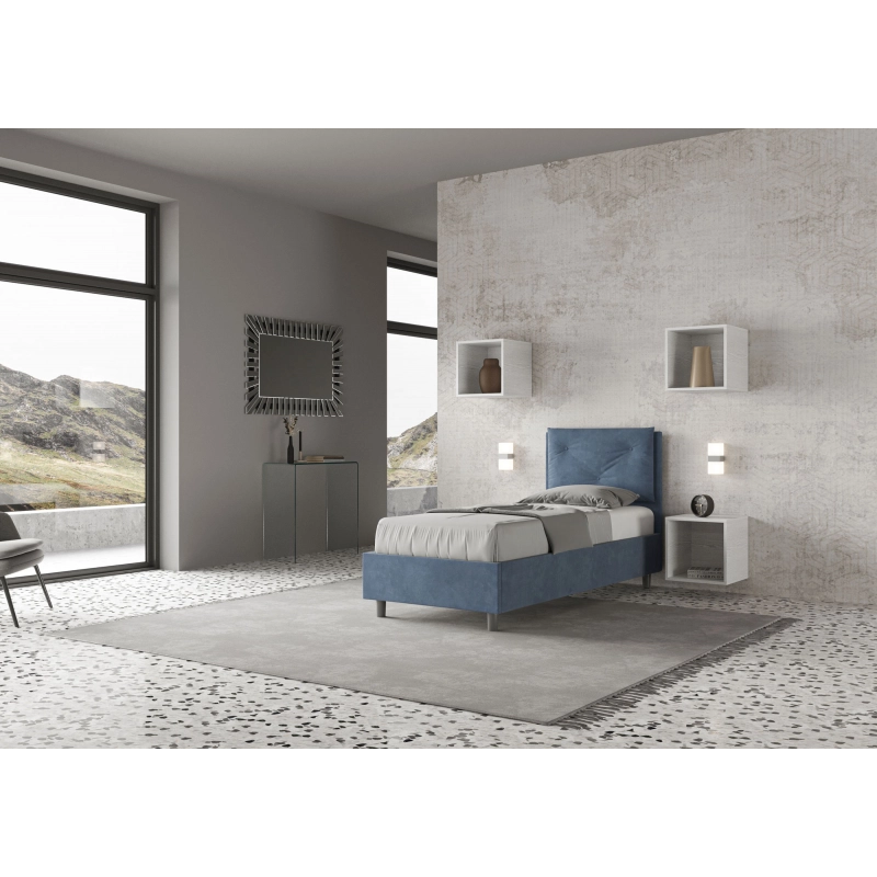 Letto imbottito Singolo 80x210 cm Appia - Contenitore,Microfibra,Blu