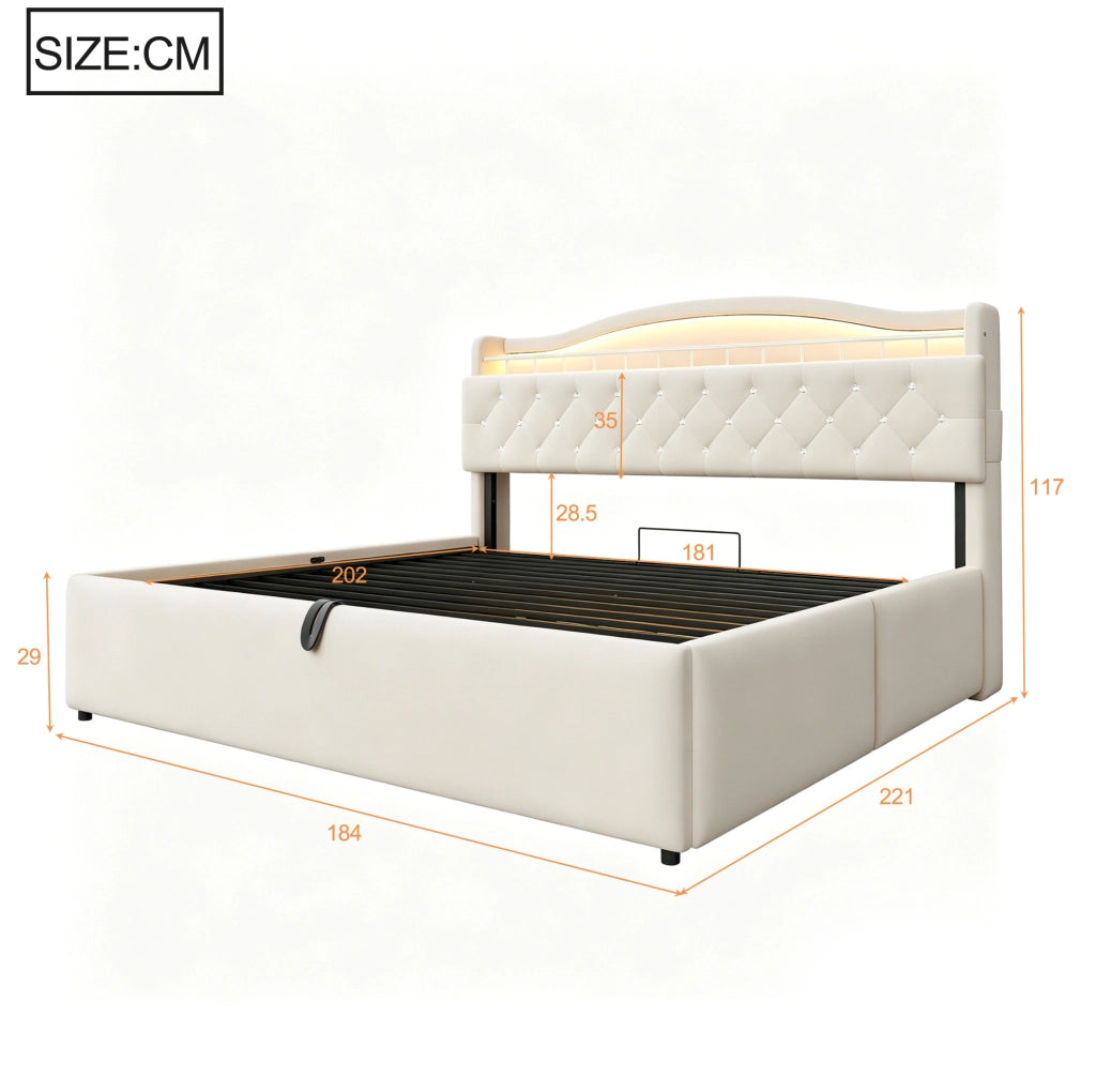 Letto imbottito 180x200 cm con contenitore idraulico; USB e USB-C; tessuto e metallo beige