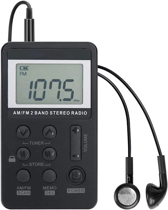 Radio portatile AM/FM con cuffie, tuner digitale mini, batteria ricaricabile, schermo di blocco per camminate/ginnastica/camping (nero)