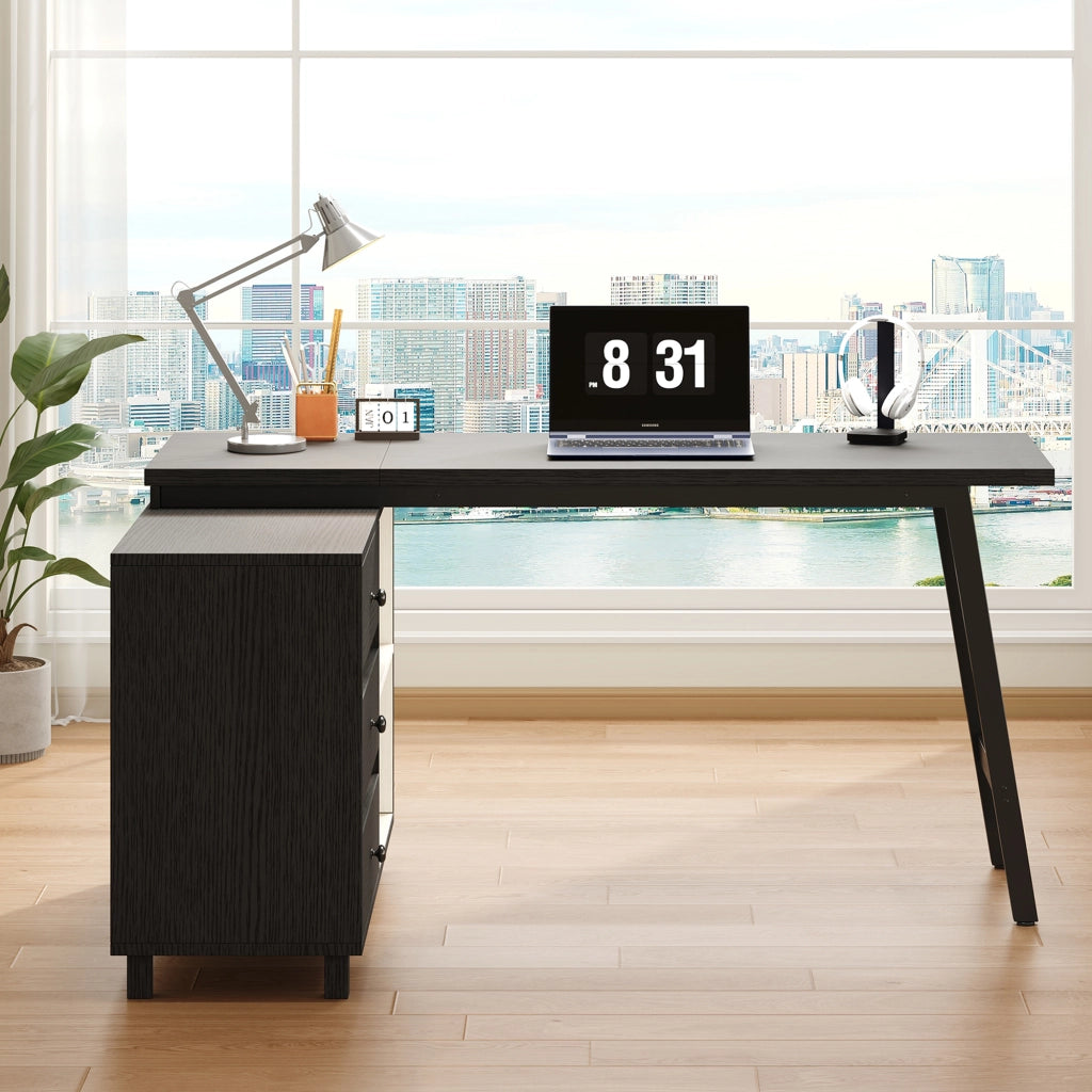 Scrivania a L 150 x 100 x 76 cm con 3 cassetti, 2 vani aperti, struttura in MDF e metallo, nero/bianco