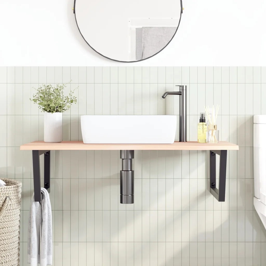 Ripiano a Parete per Lavabo in Acciaio e Massello di Rovere