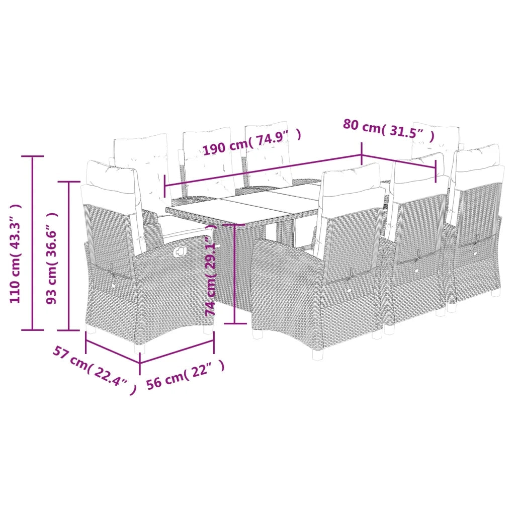 Set da Pranzo da Giardino 9pz con Cuscini Marrone in Polyrattan