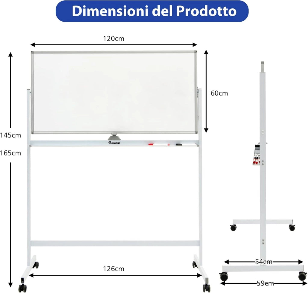 Lavagna Bianca Magnetica Doppia, Design Regolabile in Altezza con Ruote Bloccabili, 6 Pennarelli, 12 Calamite e 1 Cancellino, Ideale per Casa Ufficio e Scuola, 126 x 59 x 145/165 cm (Bianco)