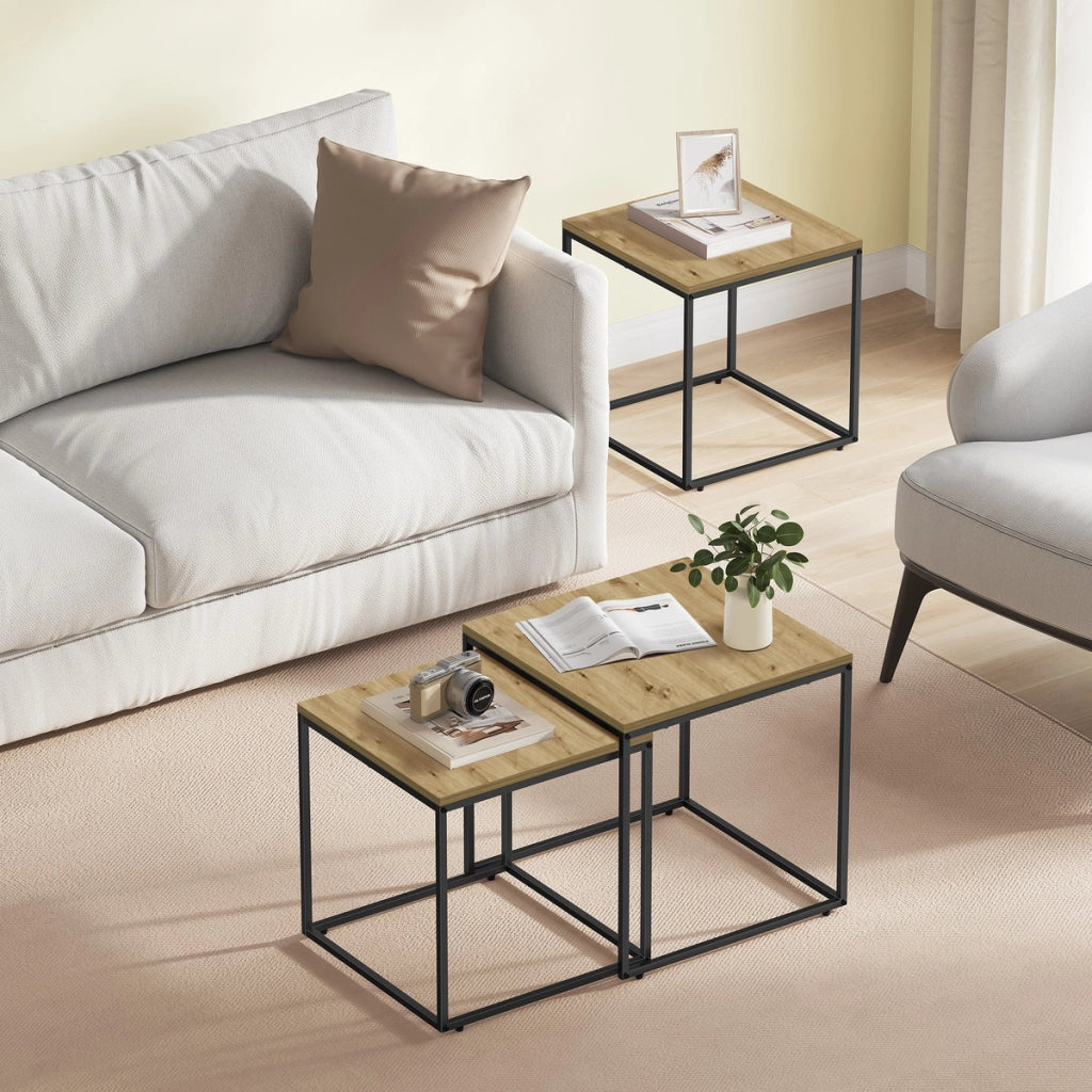 Set di 2 tavolini da salotto Nesting rovere e metallo nero