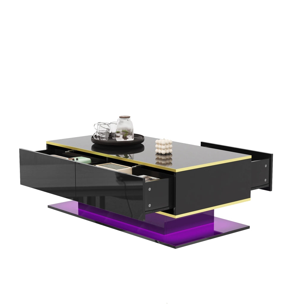 Tavolino da salotto con 3 Cassetti e 1 Vano aperto con LED; Decorazione dorata; in Truciolare; Nero