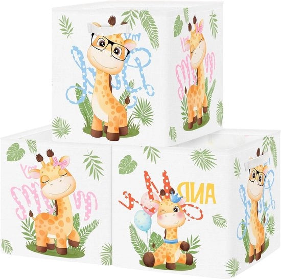 Set di 3 Scatole di Archiviazione Animali Carini per Closet Vestiti Cestino Scaffale Foglia per Bambini Scatola Giochi e Libri per Asilo Nido Giraffa 30 x 30 x 30 cm