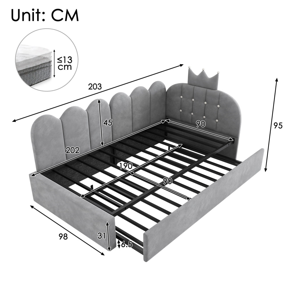 Letto singolo 90x200 cm con letto estraibile in velluto grigio