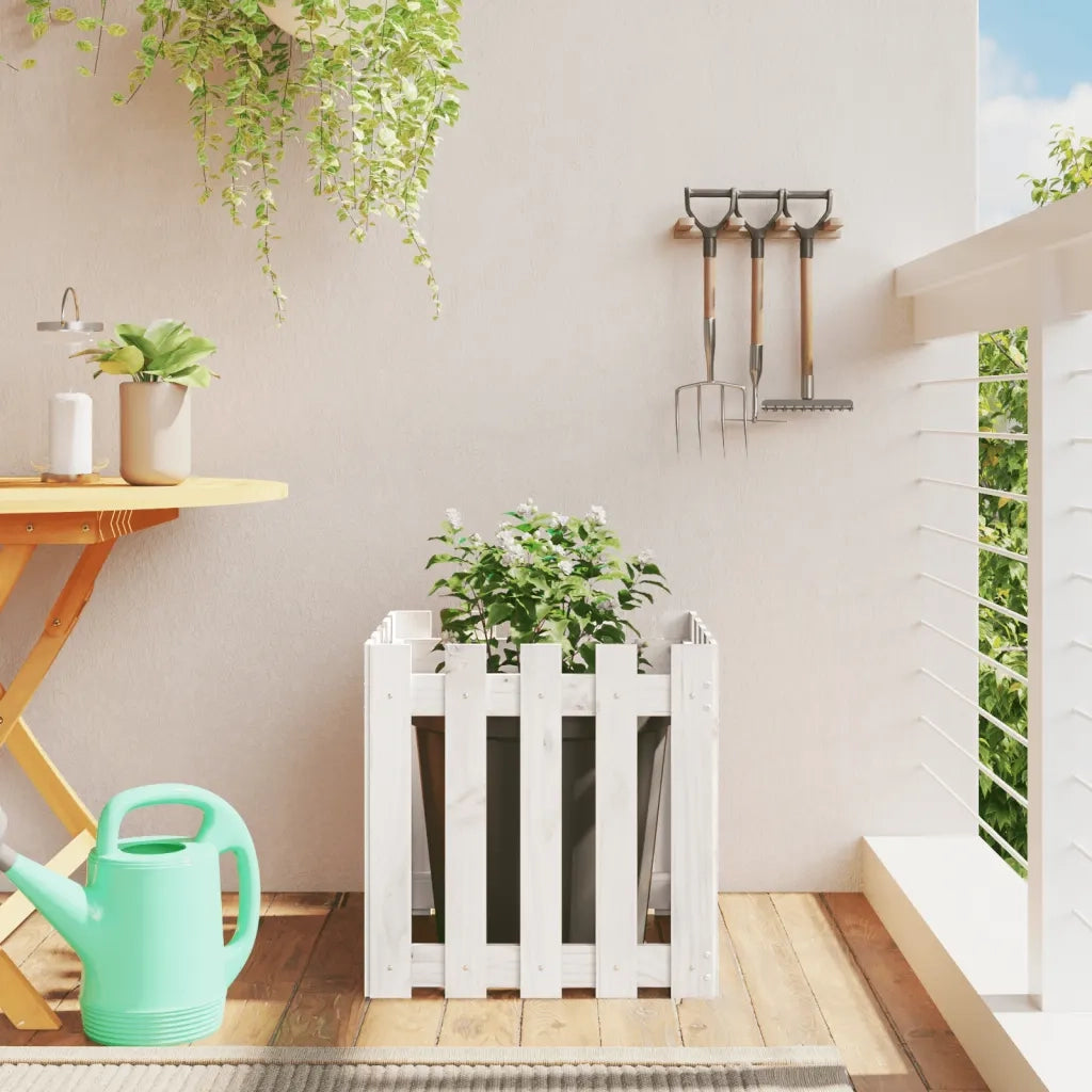 Fioriera Giardino a Recinzione-Vaso con Ringhiera-Contenitore per Piante Bianco 50x50x50 cm Massello Pino
