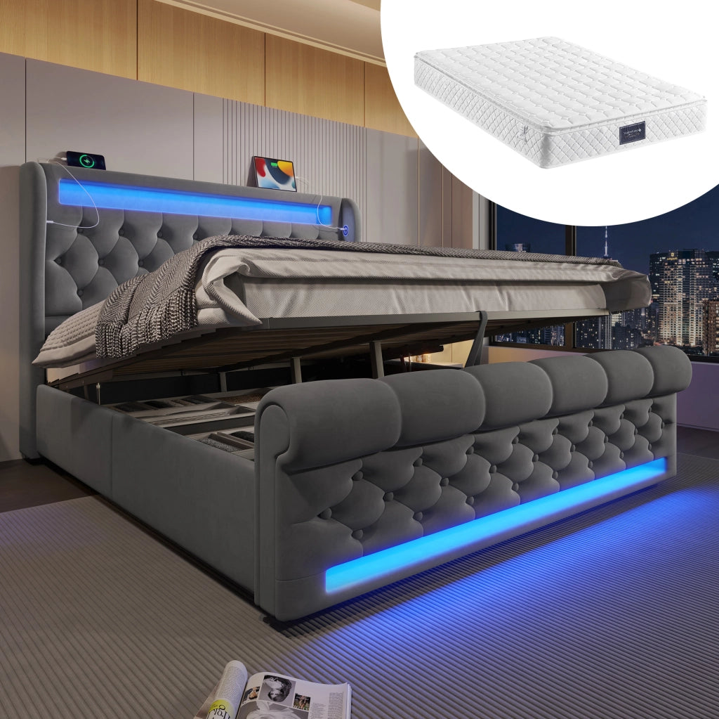Letto matrimoniale imbottito 160x200 cm in velluto grigio con LED; USB; USB-C e materasso