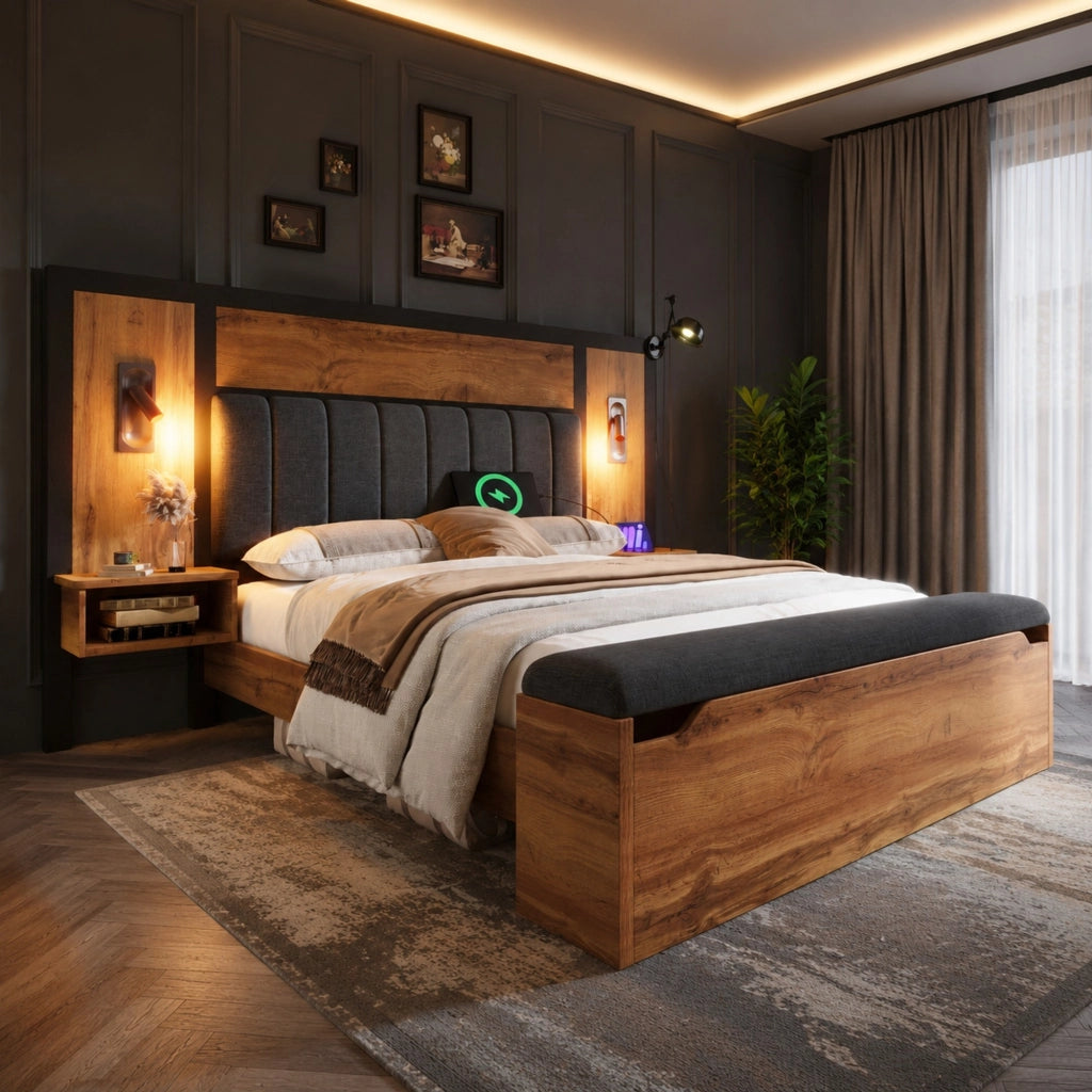 Letto matrimoniale 160x200 cm in rovere con luci USB-C