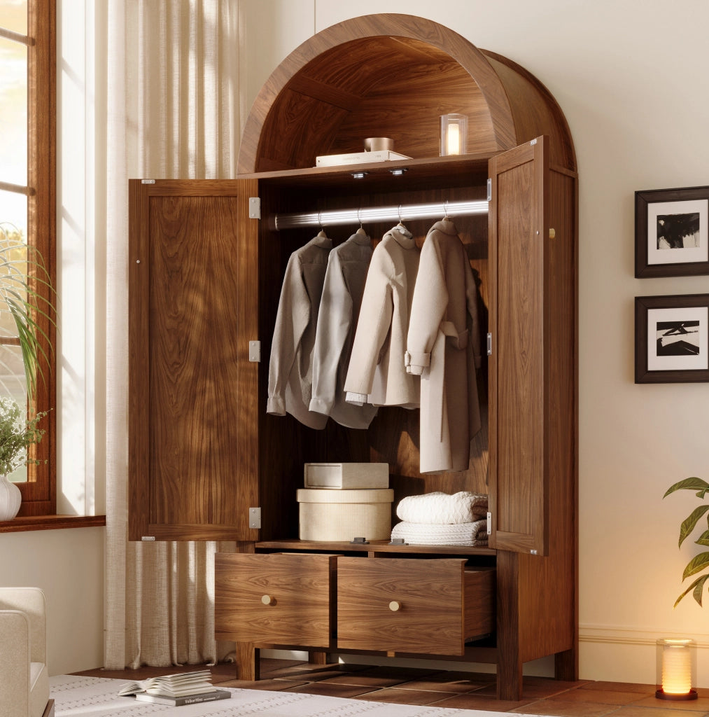 Armadio guardaroba 181x78x45 cm in MDF e metallo; effetto noce con ante in rattan