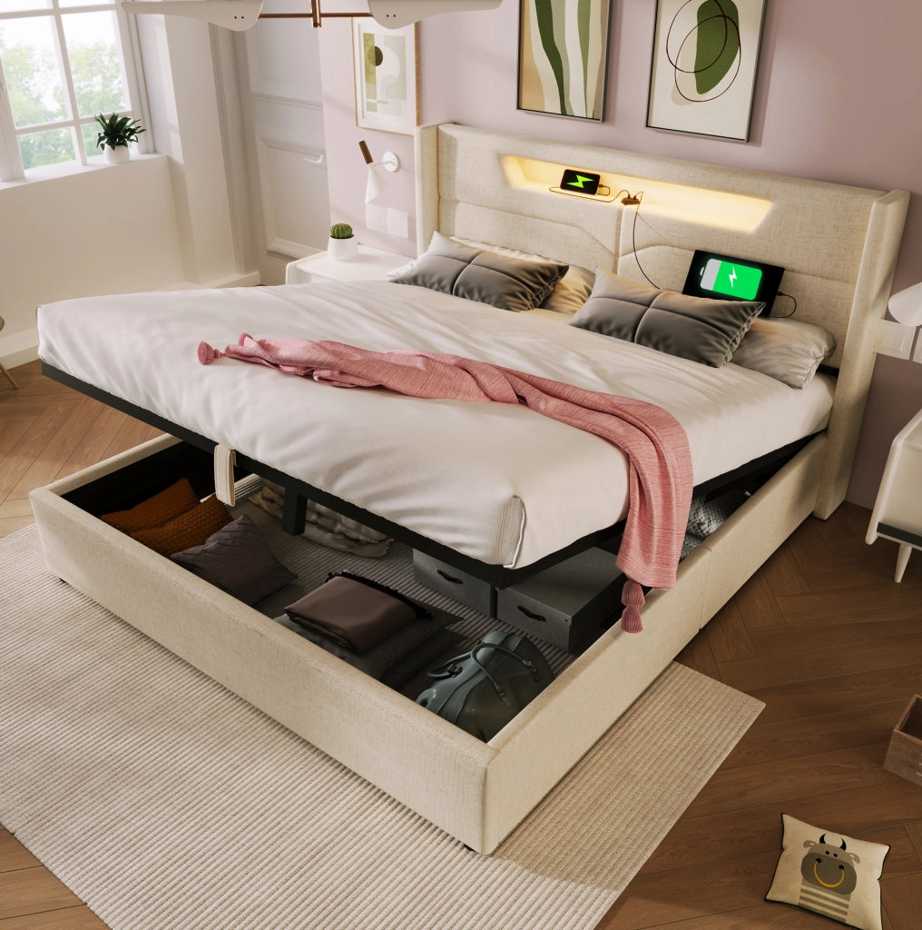 Letto matrimoniale 160x200 cm in lino beige con LED; USB e Type C; contenitore con rete