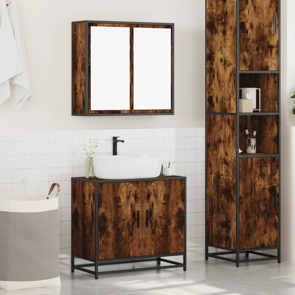 Set Mobili da Bagno 2 pz Rovere Fumo in Legno Multistrato