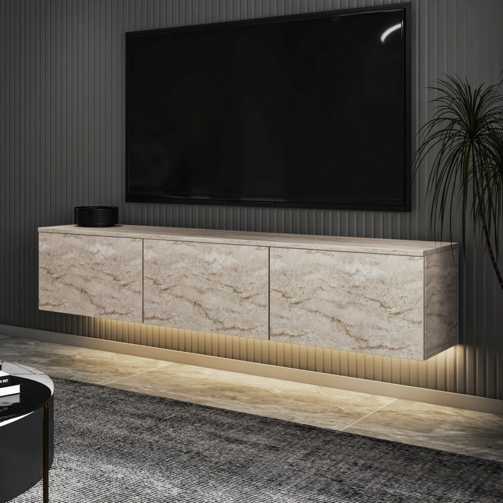 Mobile TV a parete in legno con illuminazione LED "Neon illuminated" - 160 x 32 x 35 cm - Travertino