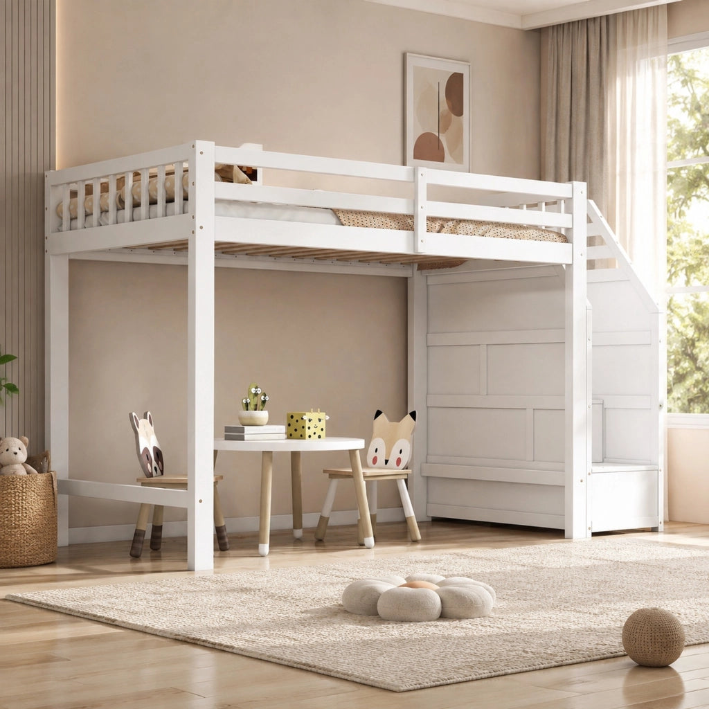 Letto a soppalco singolo 90×200 cm con sponde e scale contenitore; senza materasso; pino; bianco
