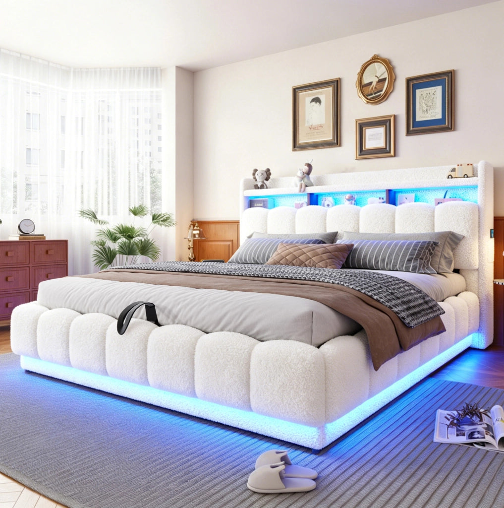 Letto imbottito 180x200 cm bianco in tessuto bouclé - vano idraulico
