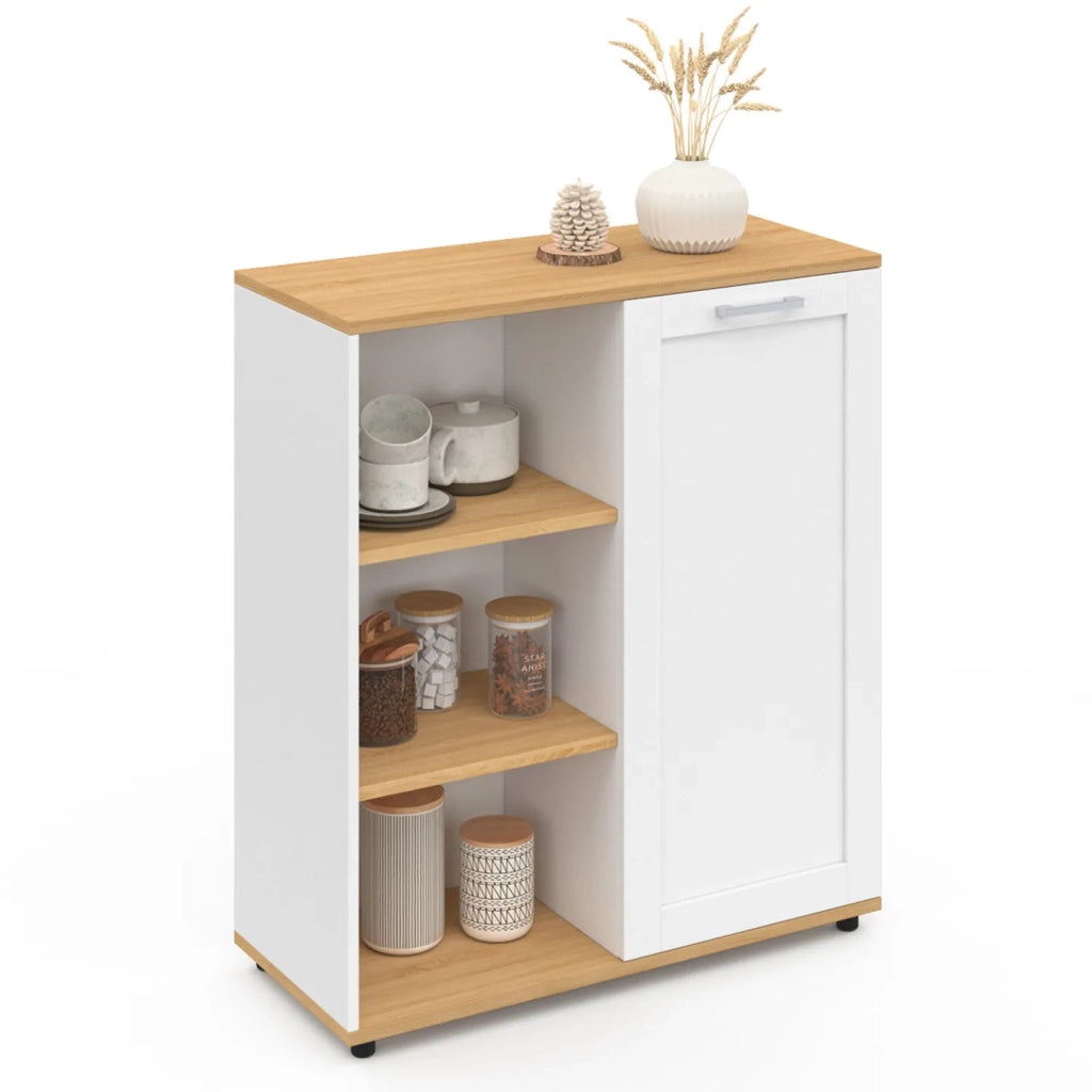 IDMarket - Aparador VITO de 3 estantes con armario blanco y encimera de madera de 70 cm