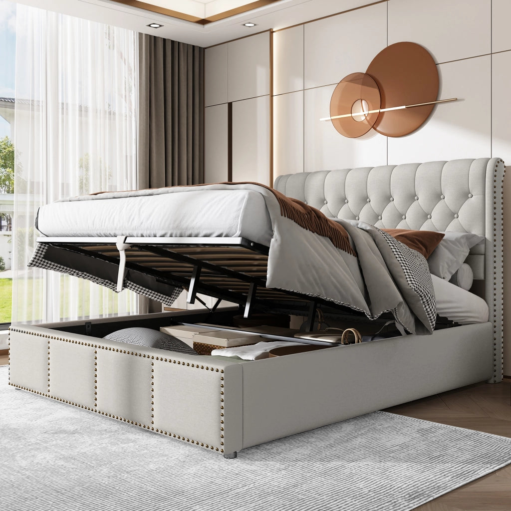 Letti contenitori 140x200 cm; testiera morbida con rivetti; lino; grigio (Senza materasso)