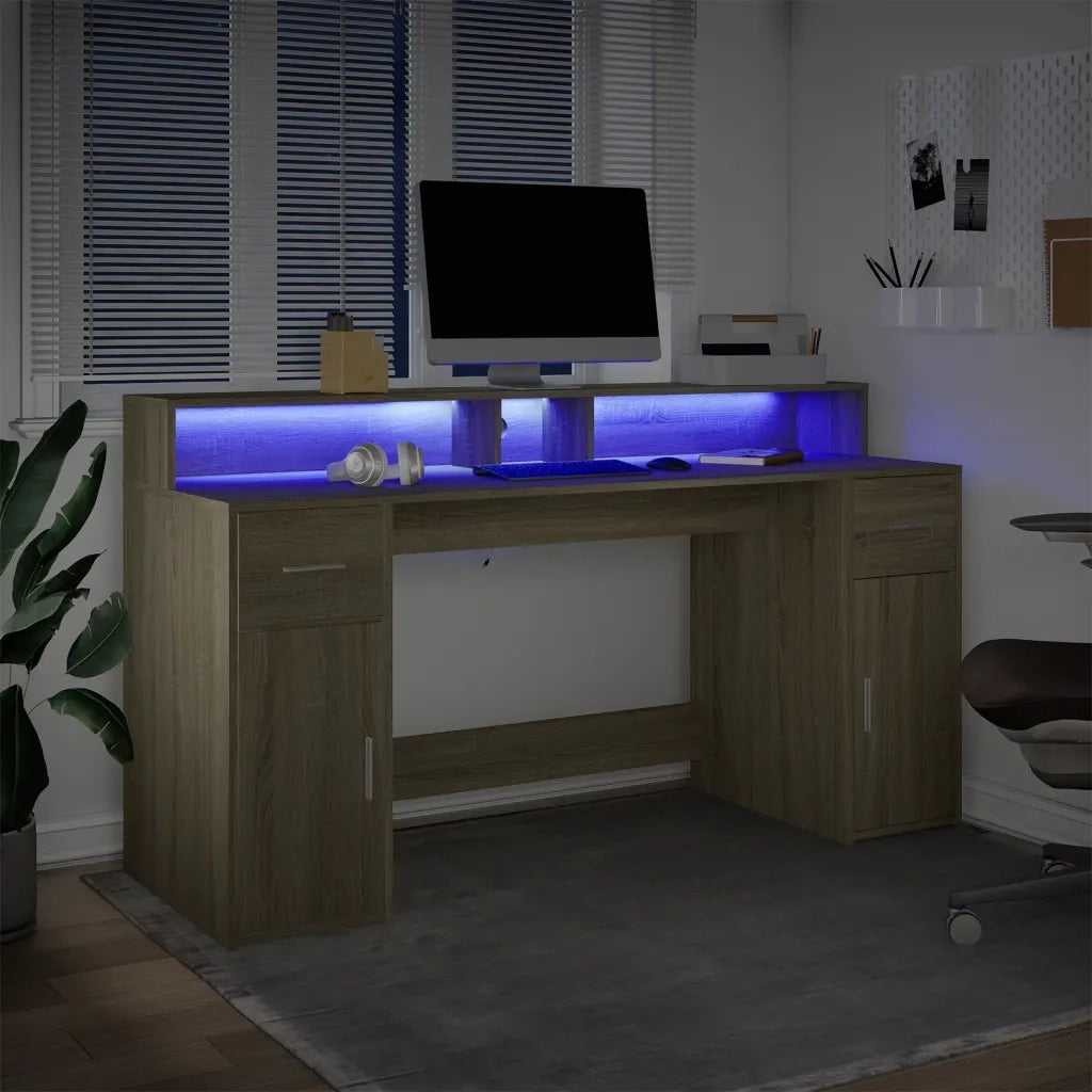 Scrivania con Luci LED Rovere Sonoma 160x55x91cm in Multistrato 3309431