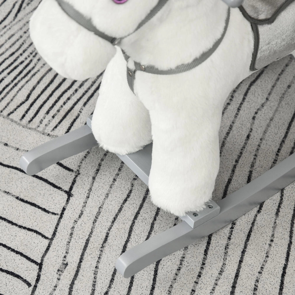 Cavallo a Dondolo in Peluche e Legno con Orsetto e Suoni Bianco