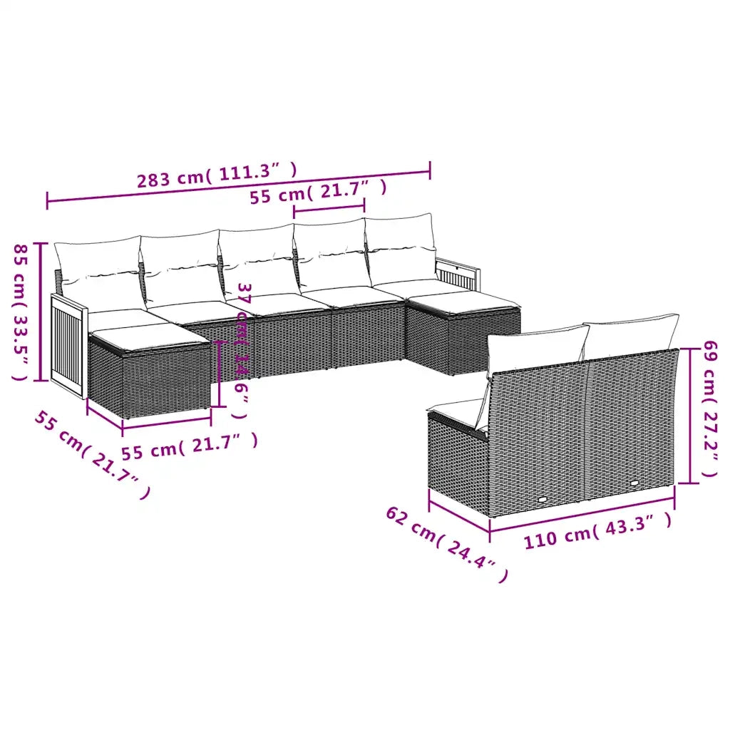 Set Divani da Giardino 9 pz con Cuscini Grigio in Polyrattan 3228056