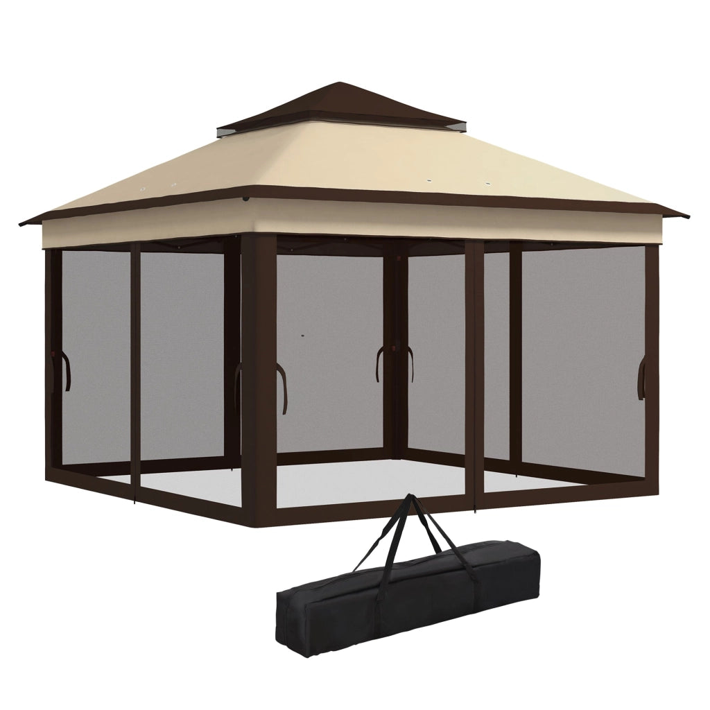 Gazebo Regolabile su 3 Livelli con Pareti Rimovibili 3x3m in Acciaio e tessuto Oxford Caffè e Beige