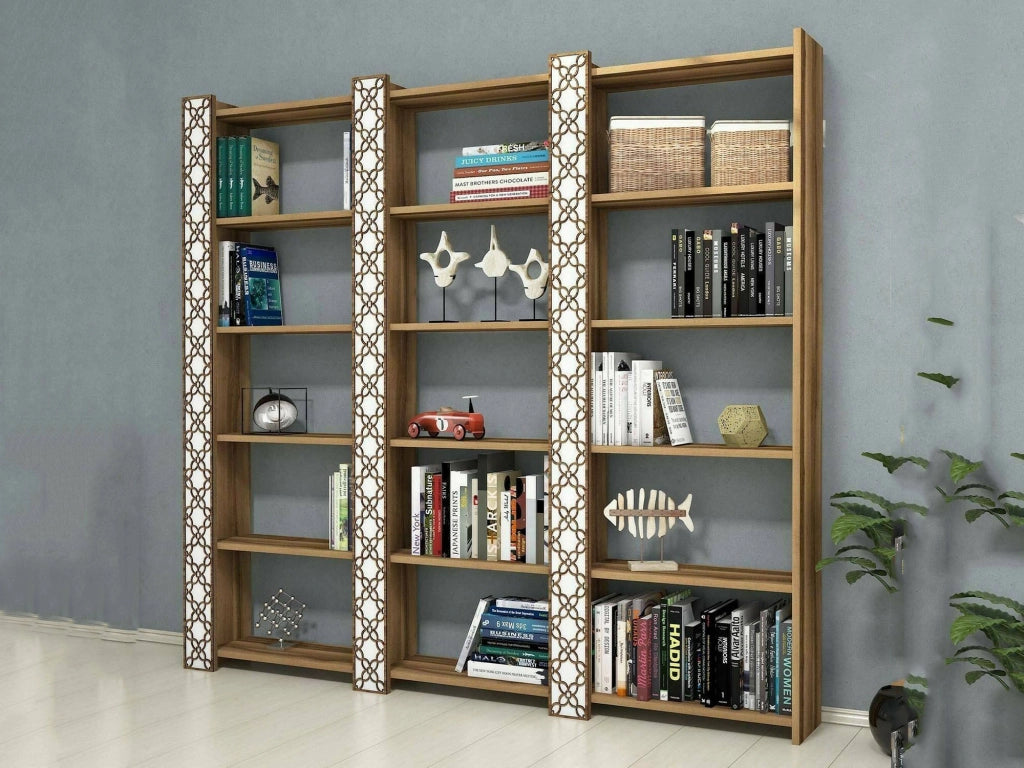 Libreria Vele, Scaffale da ufficio, Mobile portalibri, Biblioteca, 185x24h170 cm, Noce e Bianco