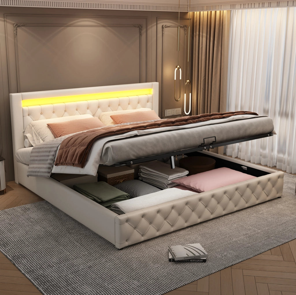 Letto imbottito matrimoniale 180x200 cm in PU bianco con contenitore e LED