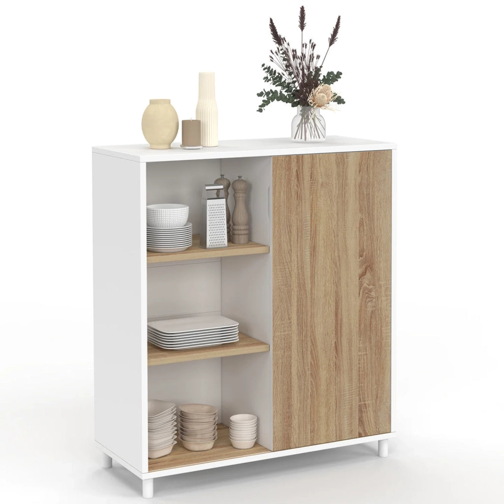 IDMarket - Credenza EASY 70 cm - facile da montare senza attrezzi - 3 ripiani e 1 anta scorrevole reversibile in bianco e legno