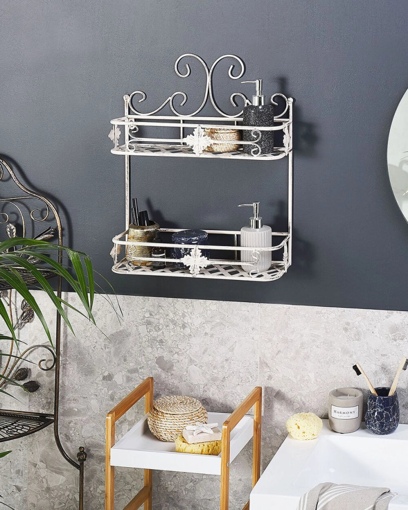 Mensola da parete per bagno in metallo bianco 52 x 42 cm Ripiano singolo sospeso in stile vintage effetto anticato