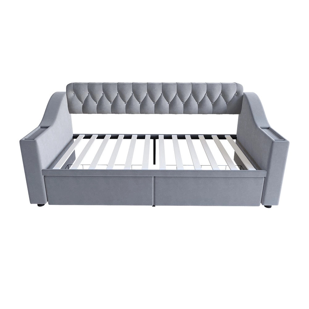 Letto Imbottito Singolo con Cassetto e USB ¨C MINIMAL ¨C Velluto Grigio Chiaro 90x190