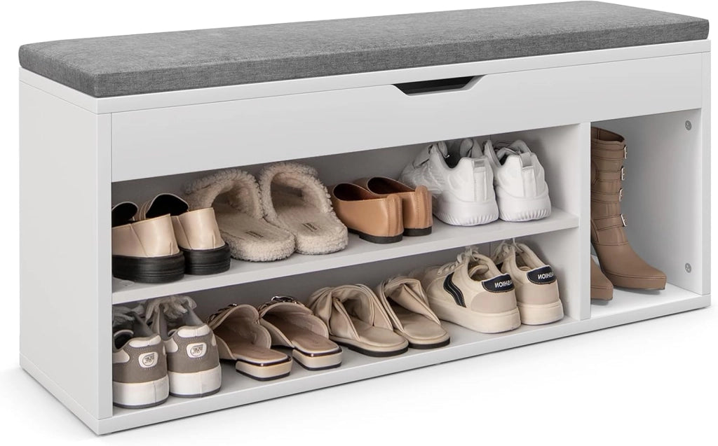 Panca per scarpe con cuscino, cassapanca con vano portaoggetti, 3 scomparti, 2 livelli, scarpiera apribile con coperchio ribaltabile, per corridoio, soggiorno, camera da letto, 104 x 30 x 48