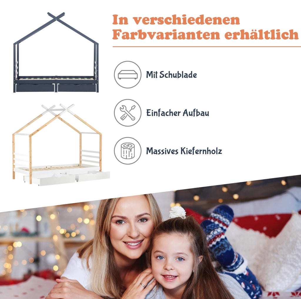 Letto a casetta per bambini 90x200 cm con cassetti