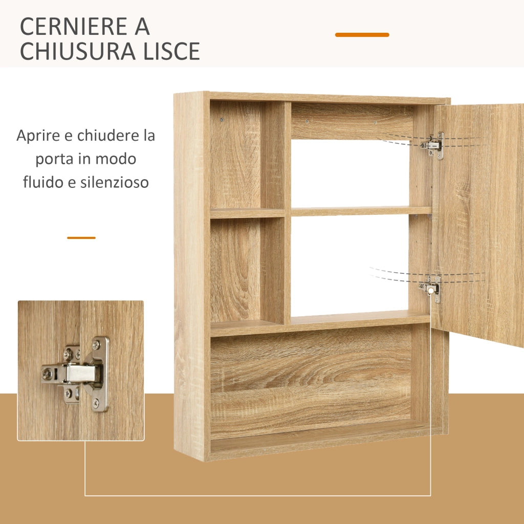 EasyComfort Armadietto Bagno a Specchio con Ripiani Regolabile, Specchio Bagno Contenitore con Porta Salvaspazio, Montaggio a Parete, 60x15x76 cm, Rovere