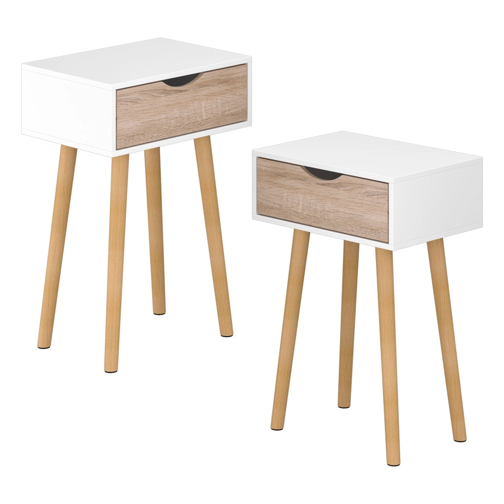 Set Östersund di 2 Comodini con Cassetto - Bianco / Effetto Rovere [en.casa]