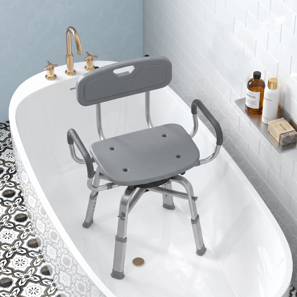 Sedia per Doccia Girevole 57x48x74-86 cm con Braccioli Schienale Capacità 150 kg in Alluminio e HDPE Grigio