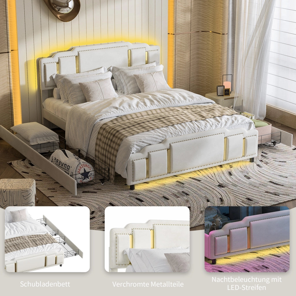 Letto matrimoniale 160x200 cm in velluto beige con LED e cassetti