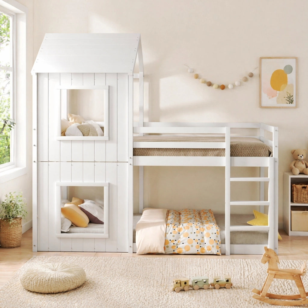 Letto a castello per bambini 90x200 cm in legno di pino bianco con sponde di sicurezza