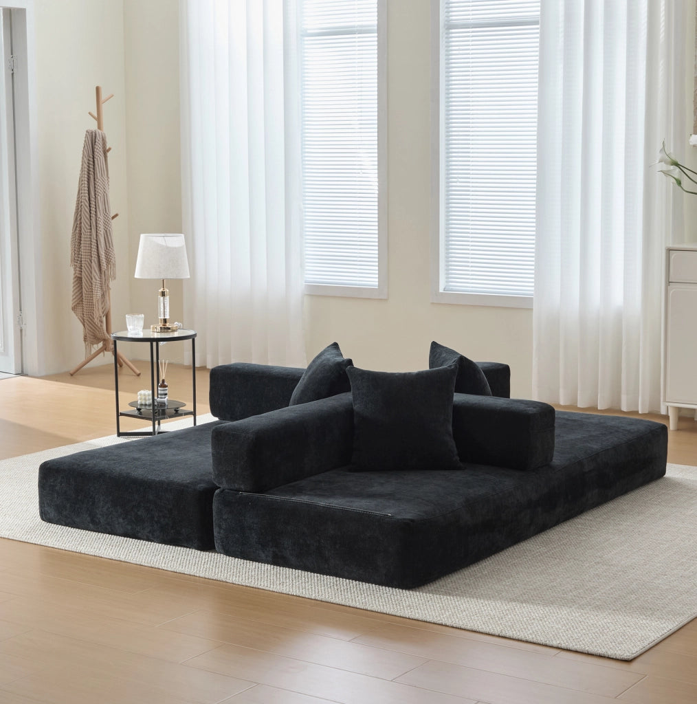 Divano modulare in ciniglia nero 198x79x60 cm