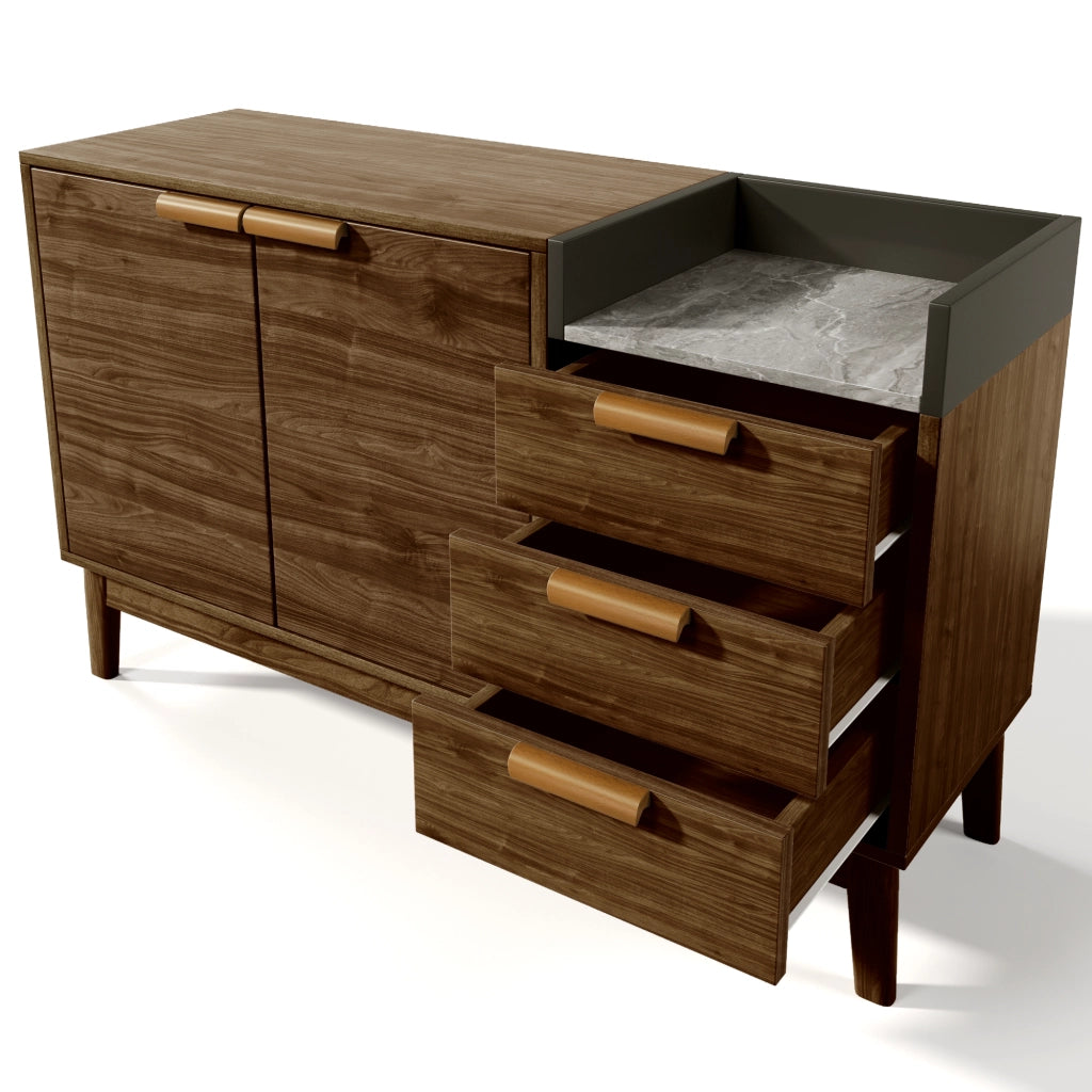 Credenza con 3 Cassetti; Vano a Giorno e 2 Ante; Ripiano Regolabile; Effetto Marmo; in Legno e Metallo; Rovere Scuro; 120×40×77 cm