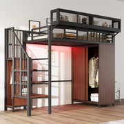 Letto a soppalco in metallo 90 x 200 cm con armadio, scala di sicurezza, LED e vani contenitivi, nero