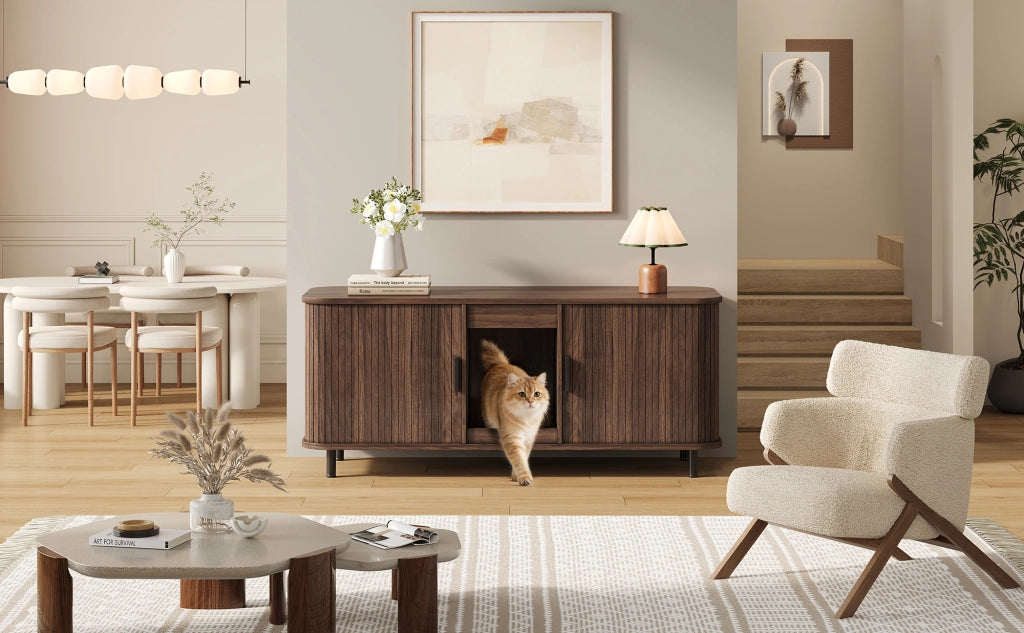 Mobile coperto per lettiera per gatti con 2 vani e porte scorrevoli, per soggiorno, in MDF, noce, 140 × 50 × 60 cm