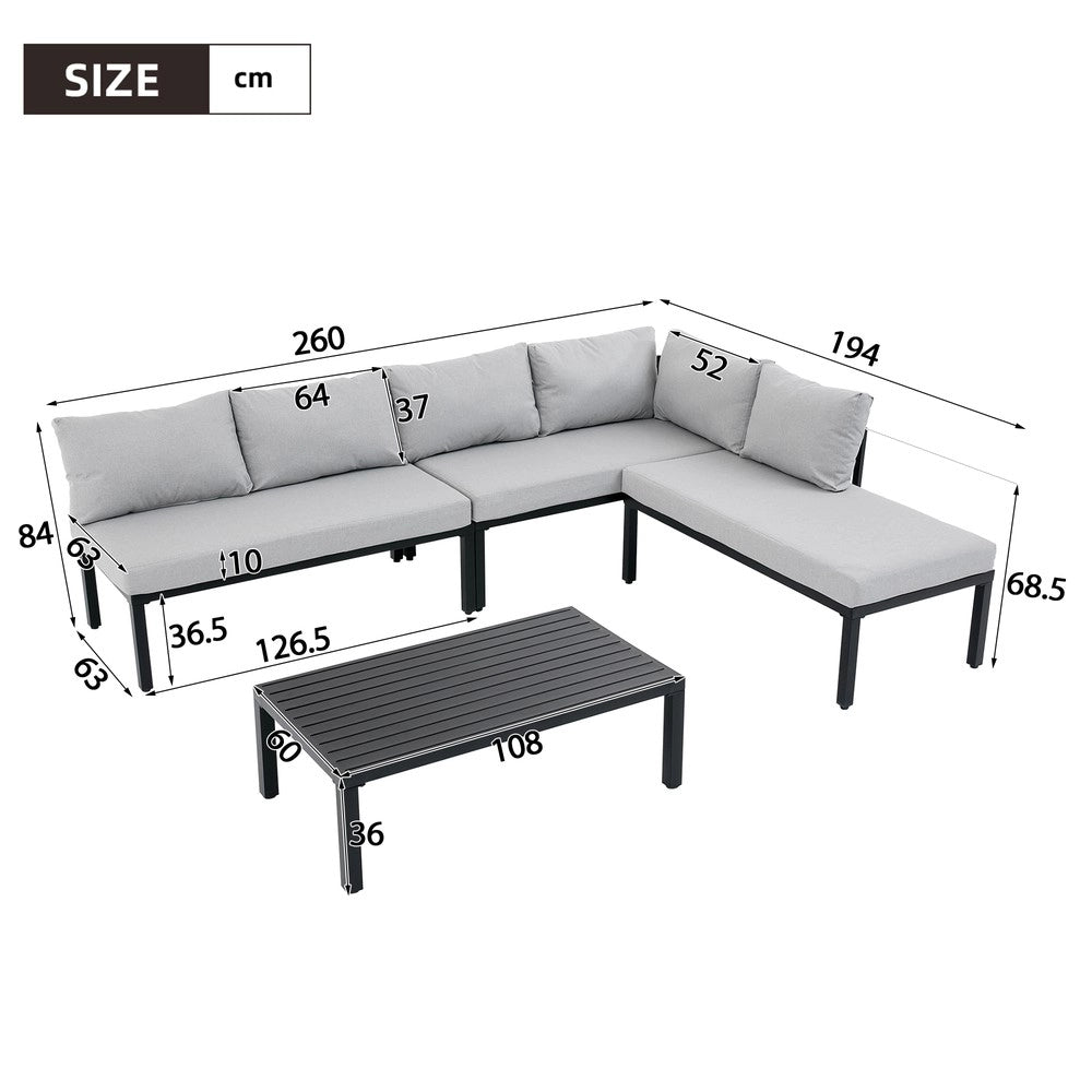 Set da giardino modulare - Zephmum- 6 posti, struttura in ferro zincato, tavolo, grigio